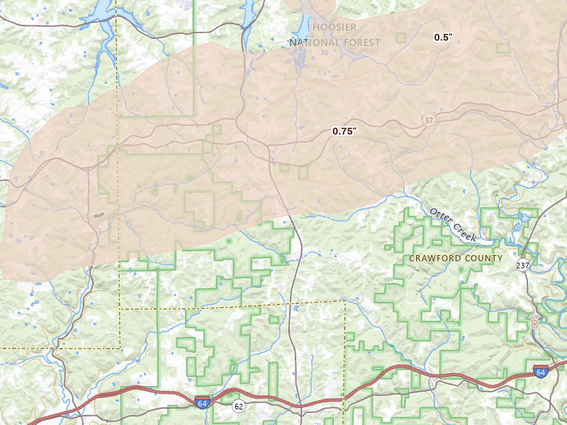 Radar-estimated hail-size map of the storm over Eckerty, IN on Apr 27, 2026