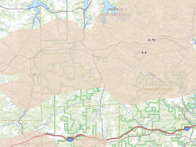 Radar-estimated hail-size map of the storm over Eckerty, IN on May 16, 2026