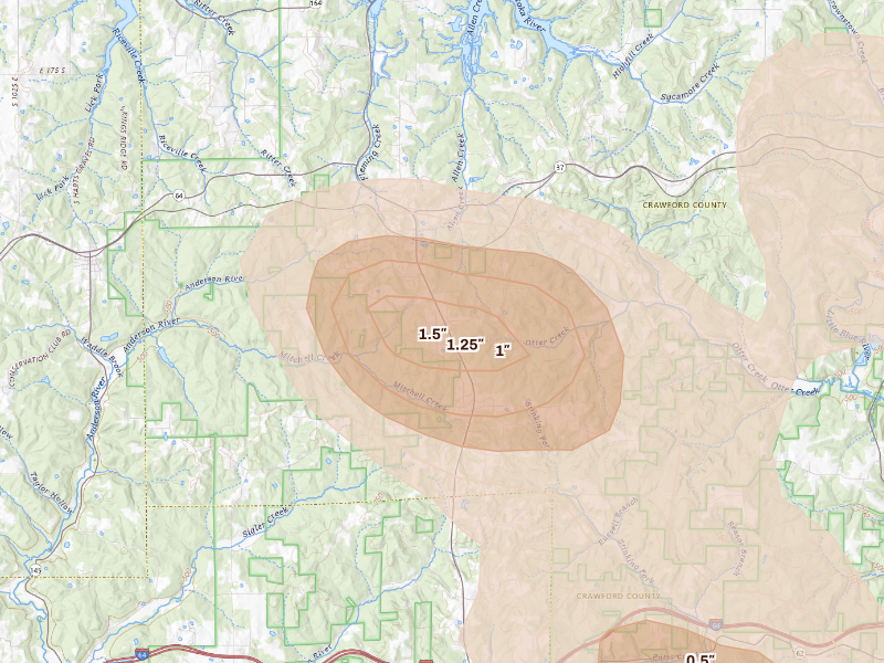 Radar-estimated hail-size map of the storm over Eckerty, IN on Aug 11, 2026