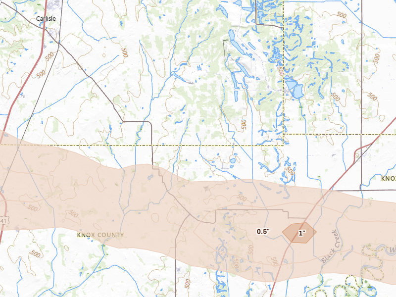 Radar-estimated hail-size map of the storm over Edwardsport, IN on Mar 4, 2026