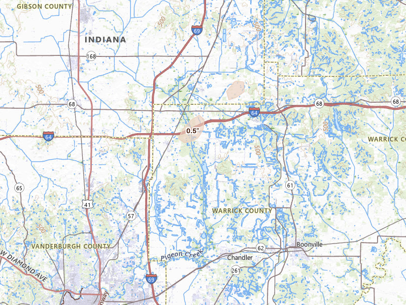 Radar-estimated hail-size map of the storm over Elberfeld, IN on Apr 1, 2026
