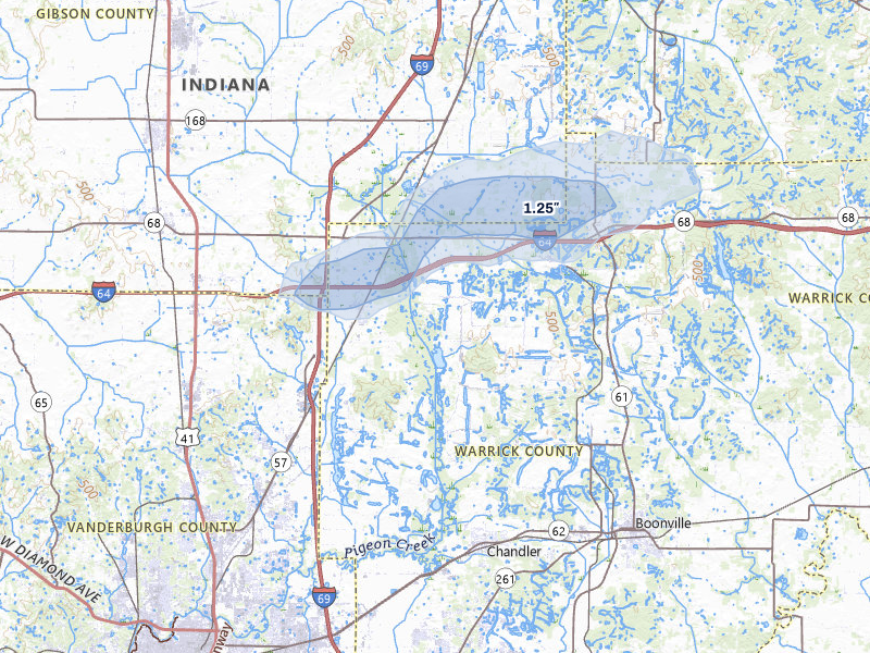 NEXRAD radar-signature map of the hail storm over Elberfeld, IN on Apr 1, 2026
