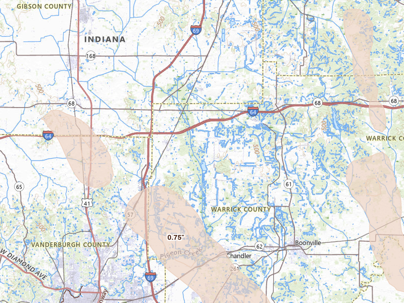 Radar-estimated hail-size map of the storm over Elberfeld, IN on Jul 26, 2026