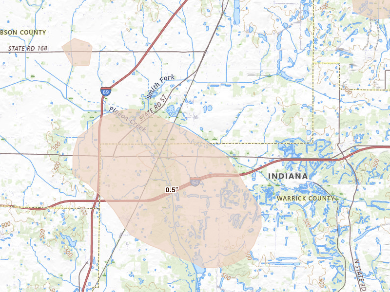 Radar-estimated hail-size map of the storm over Elberfeld, IN on Aug 12, 2026