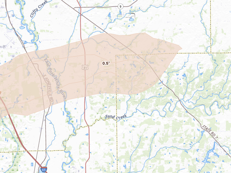 Radar-estimated hail-size map of the storm over Elizabethtown, IN on May 15, 2026