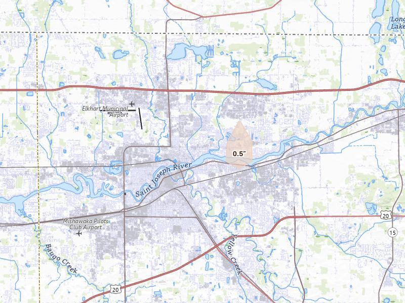 Radar-estimated hail-size map of the storm over Elkhart, IN on Jul 3, 2026