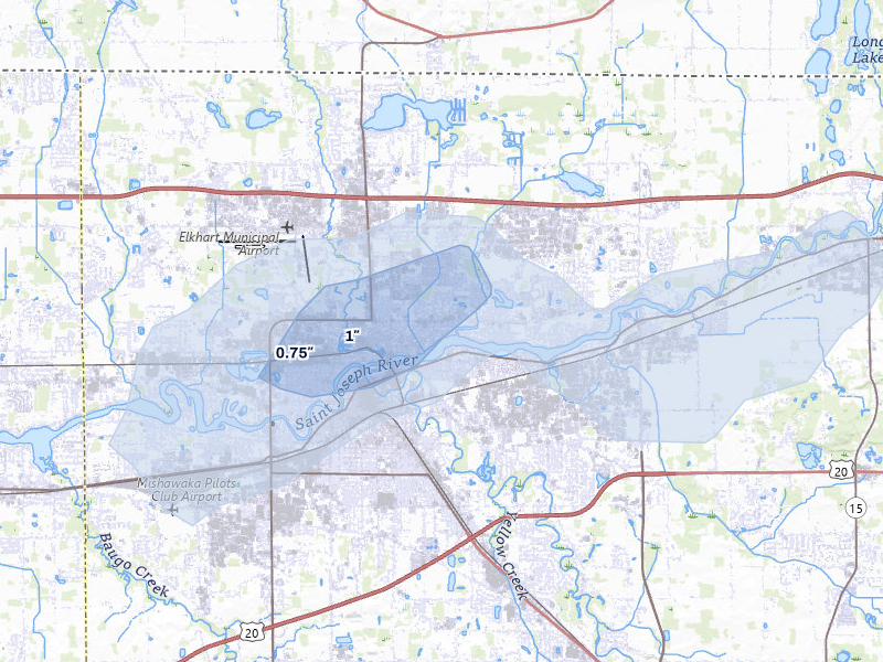 NEXRAD radar-signature map of the hail over Elkhart, IN