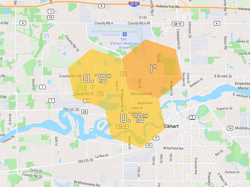 Hail map of Elkhart, IN on Jul 3, 2026, hail up to 1"