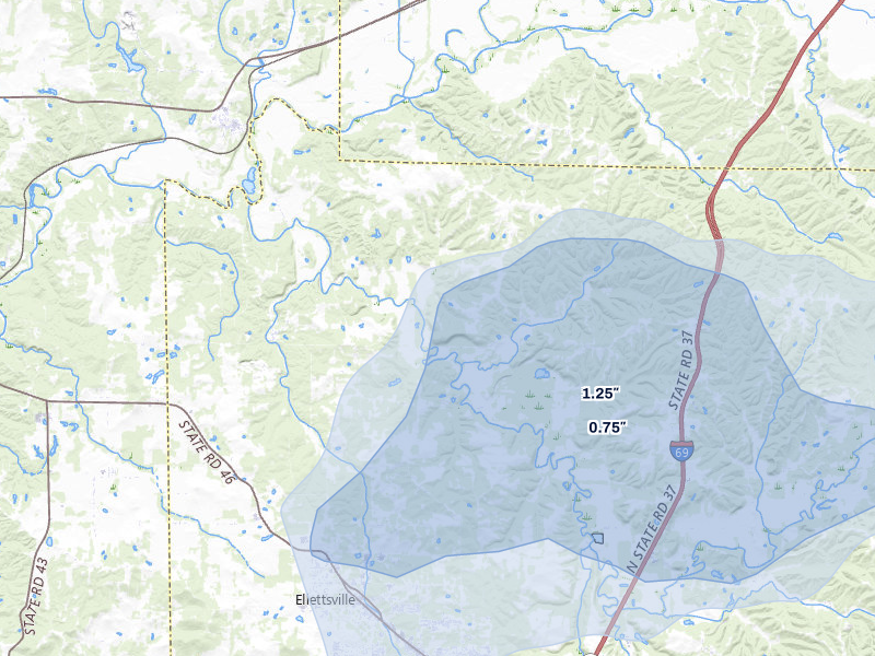 NEXRAD radar-signature map of the hail storm over Ellettsville, IN on Mar 22, 2026