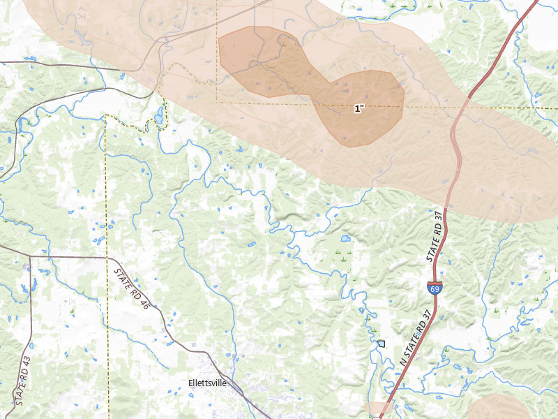 Radar-estimated hail-size map of the storm over Ellettsville, IN on Aug 11, 2026