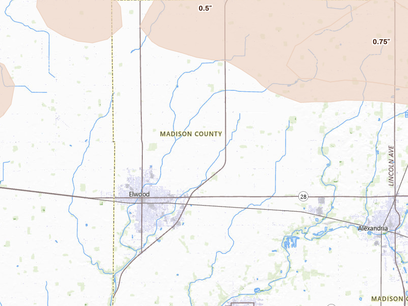 Radar-estimated hail-size map of the storm over Elwood, IN on Mar 22, 2026