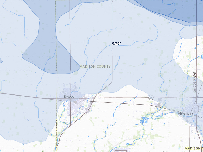 NEXRAD radar-signature map of the hail storm over Elwood, IN on Mar 22, 2026