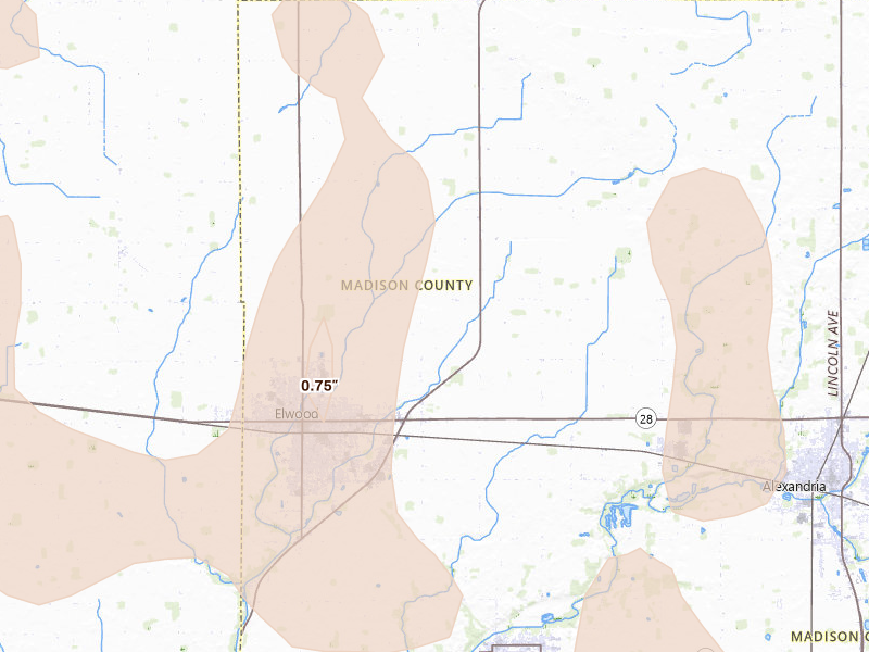 Radar-estimated hail-size map of the storm over Elwood, IN on Mar 26, 2026