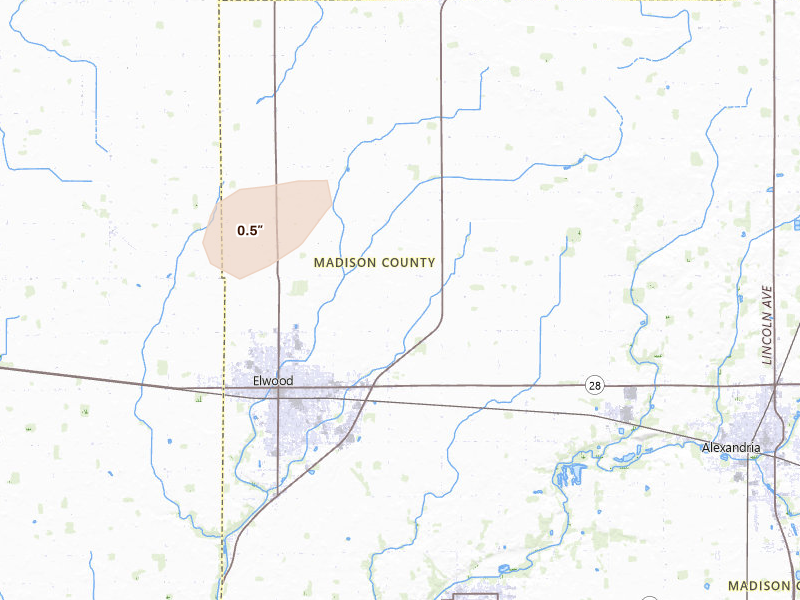 Radar-estimated hail-size map of the storm over Elwood, IN on Aug 7, 2026