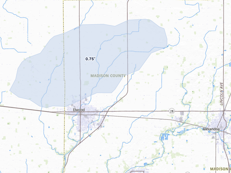NEXRAD radar-signature map of the hail storm over Elwood, IN on Aug 7, 2026