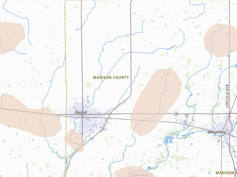 Radar-estimated hail-size map of the storm over Elwood, IN on Aug 11, 2026