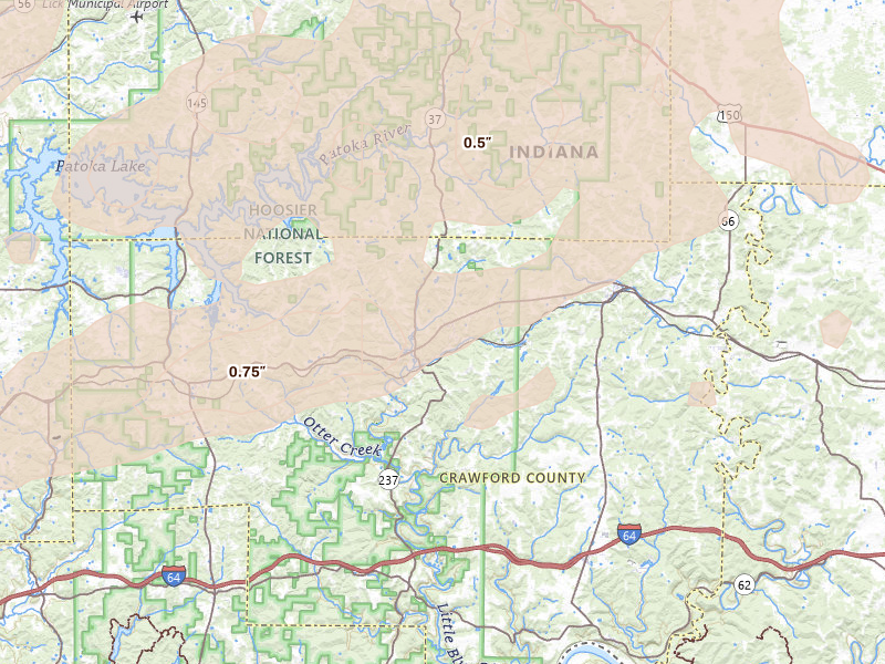 Radar-estimated hail-size map of the storm over English, IN on Apr 27, 2026
