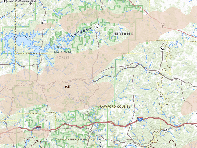Radar-estimated hail-size map of the storm over English, IN on May 16, 2026