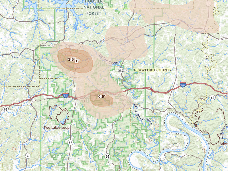Radar-estimated hail-size map of the storm over English, IN on Aug 11, 2026