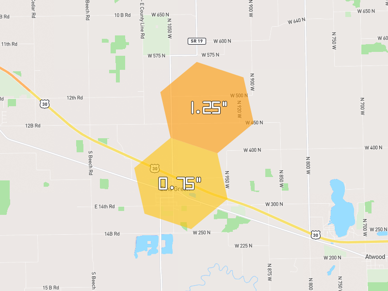 Hail map of Etna Green, IN on Jul 4, 2026, hail up to 1.25"