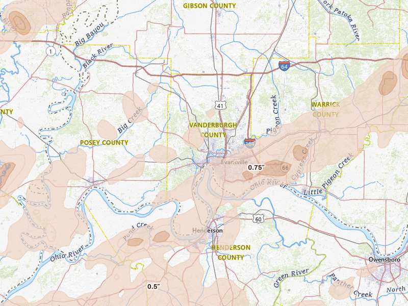 Radar-estimated hail-size map of the storm over Evansville, IN on Apr 27, 2026