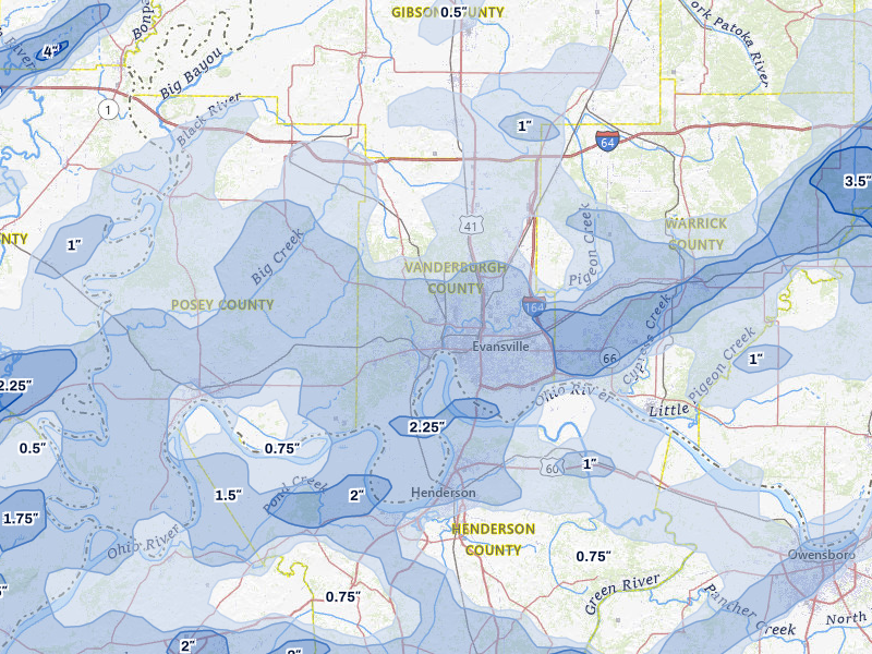 NEXRAD radar-signature map of the hail over Evansville, IN