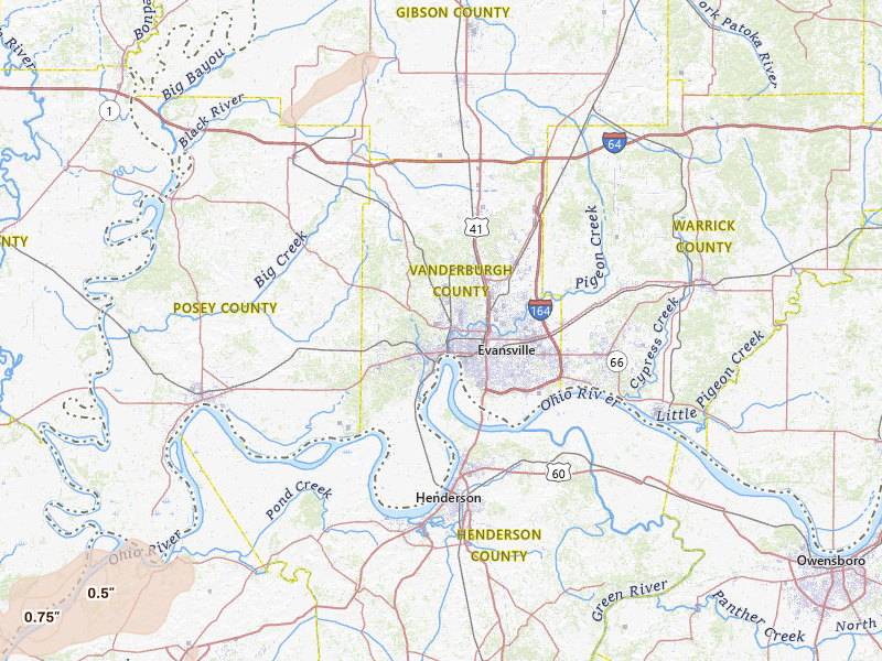 Radar-estimated hail-size map of the storm over Evansville, IN on May 18, 2026