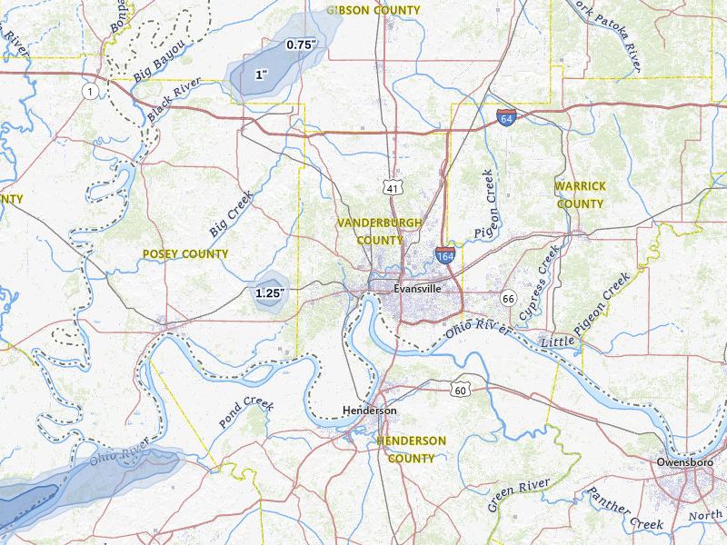 NEXRAD radar-signature map of the hail storm over Evansville, IN on May 18, 2026