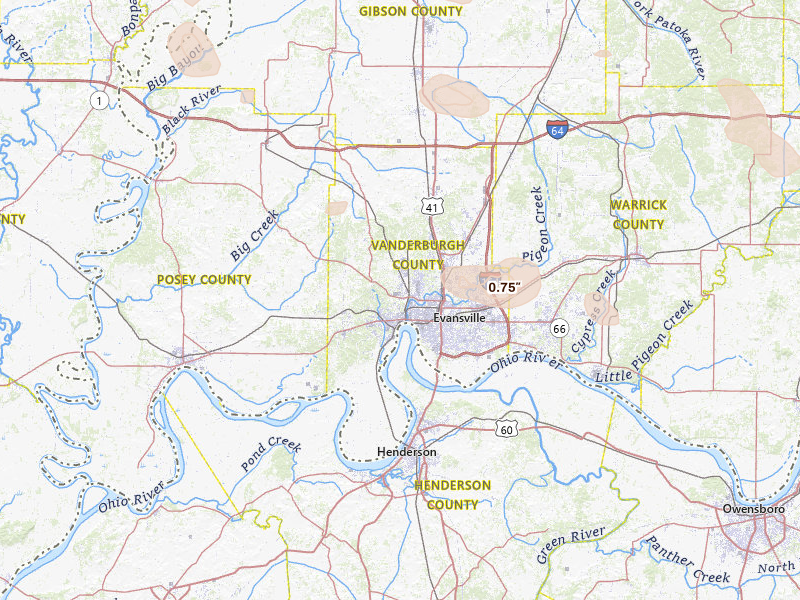 Radar-estimated hail-size map of the storm over Evansville, IN on Jun 25, 2026