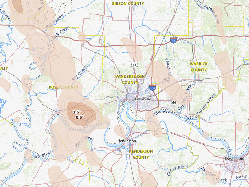 Radar-estimated hail-size map of the storm over Evansville, IN on Jul 26, 2026