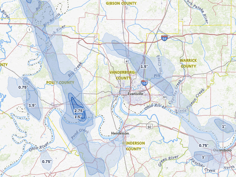 NEXRAD radar-signature map of the hail storm over Evansville, IN on Jul 26, 2026