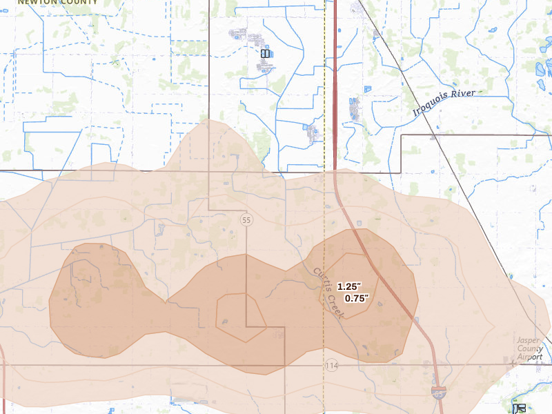 Radar-estimated hail-size map of the storm over Fair Oaks, IN on Apr 13, 2026