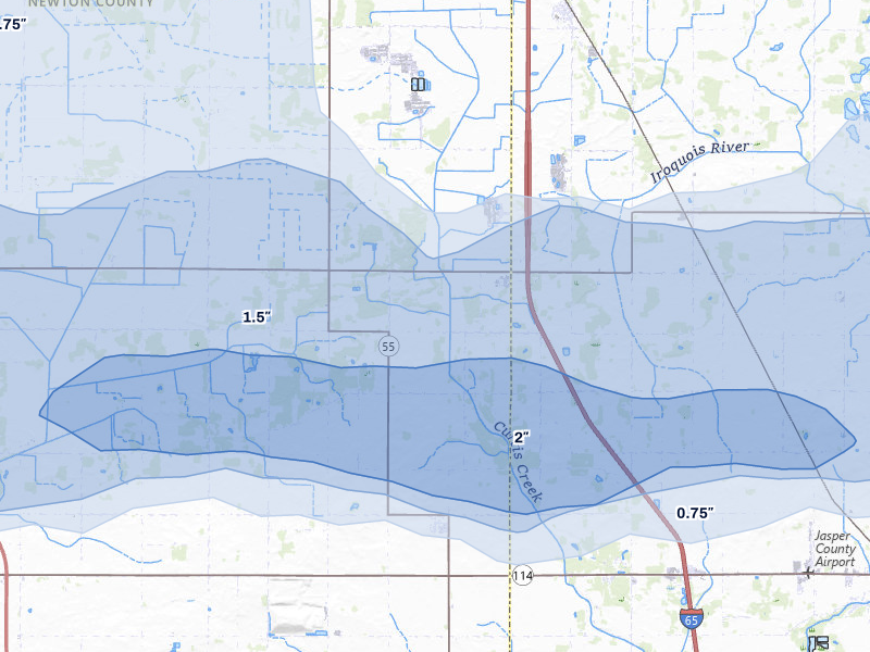 NEXRAD radar-signature map of the hail over Fair Oaks, IN