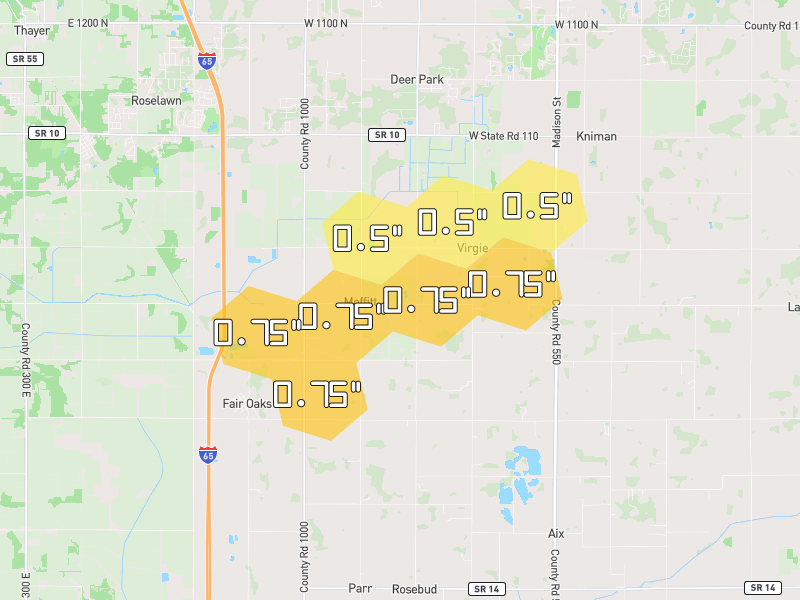 Hail map of Fair Oaks, IN on Jun 9, 2026, hail up to 0.75"