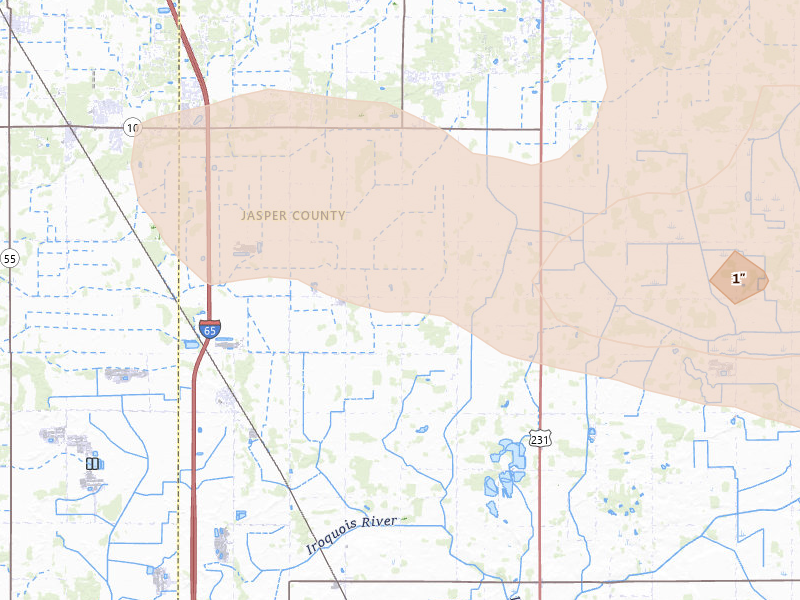 Radar-estimated hail-size map of the storm over Fair Oaks, IN on Aug 10, 2026