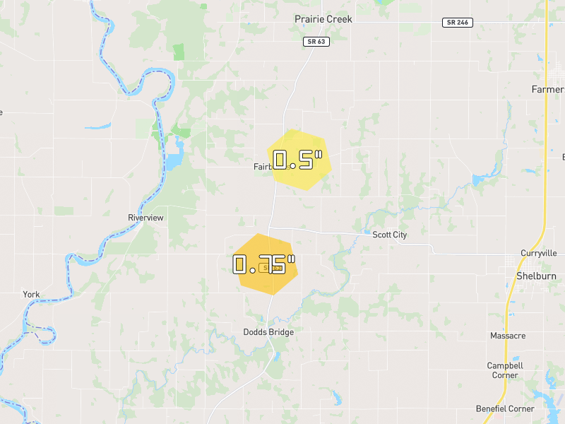 Hail map of Fairbanks, IN on Jul 4, 2026, hail up to 0.75"