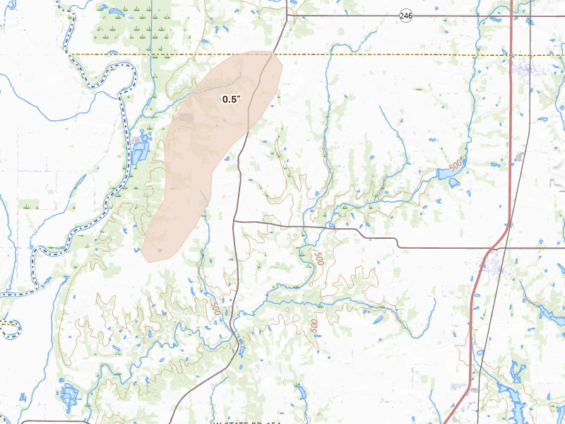 Radar-estimated hail-size map of the storm over Fairbanks, IN on Jul 9, 2026