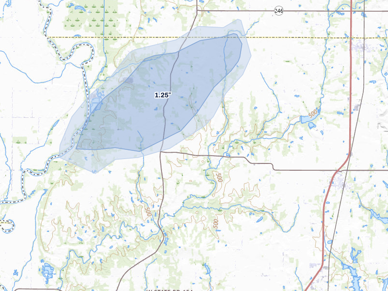 NEXRAD radar-signature map of the hail storm over Fairbanks, IN on Jul 9, 2026