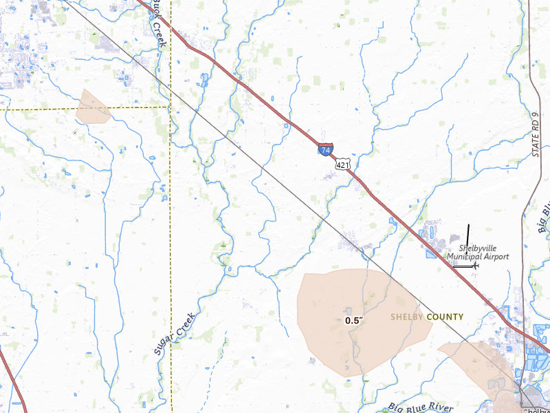 Radar-estimated hail-size map of the storm over Fairland, IN on Jul 27, 2026