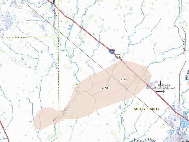 Radar-estimated hail-size map of the storm over Fairland, IN on Aug 7, 2026