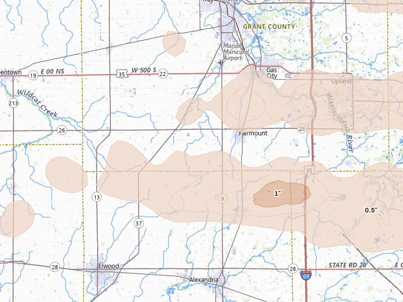 Radar-estimated hail-size map of the storm over Fairmount, IN on Mar 22, 2026