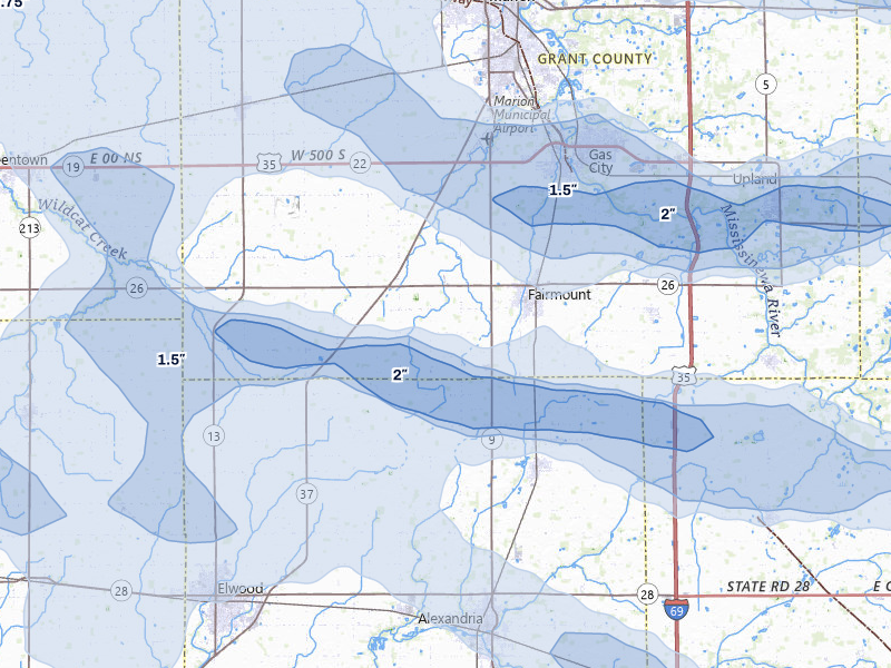 NEXRAD radar-signature map of the hail storm over Fairmount, IN on Mar 22, 2026