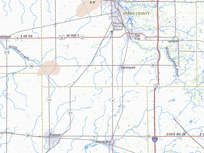 Radar-estimated hail-size map of the storm over Fairmount, IN on May 19, 2026