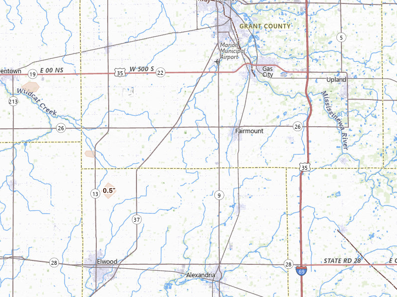 Radar-estimated hail-size map of the storm over Fairmount, IN on Jul 10, 2026
