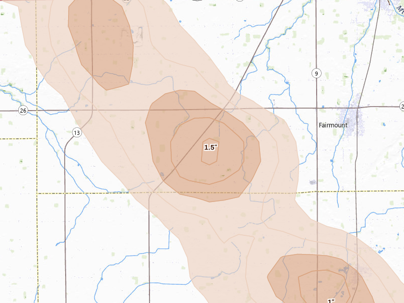 Radar-estimated hail-size map of the storm over Fairmount, IN on Aug 13, 2026