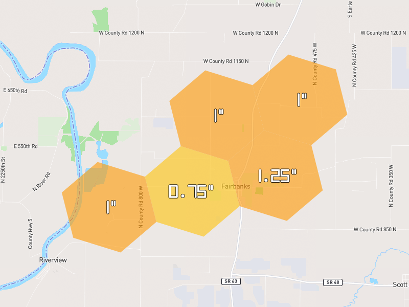 Hail map of Farmersburg, IN on Jul 9, 2026, hail up to 1.25"