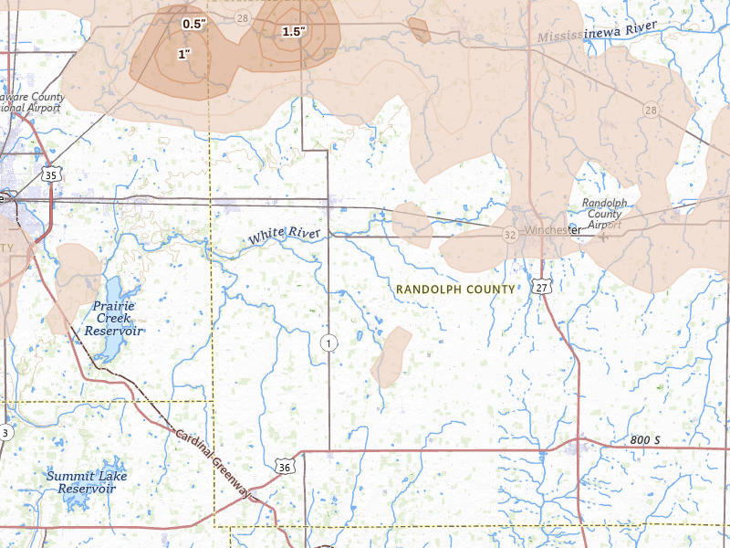 Radar-estimated hail-size map of the storm over Farmland, IN on Mar 22, 2026