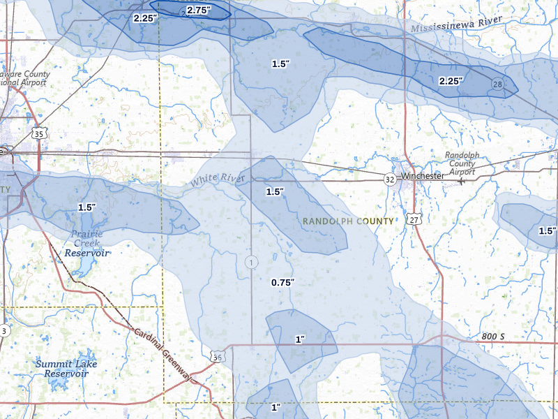 NEXRAD radar-signature map of the hail storm over Farmland, IN on Mar 22, 2026