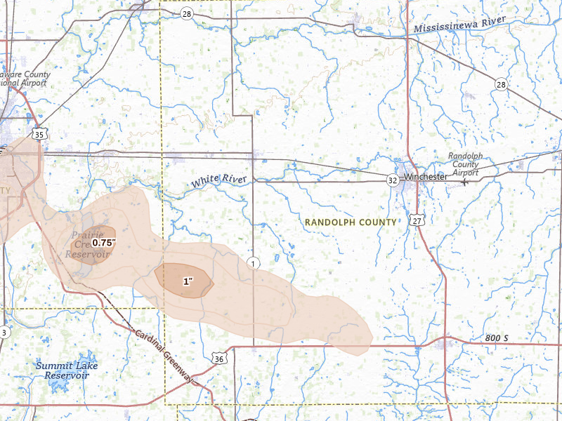 Radar-estimated hail-size map of the storm over Farmland, IN on Mar 26, 2026