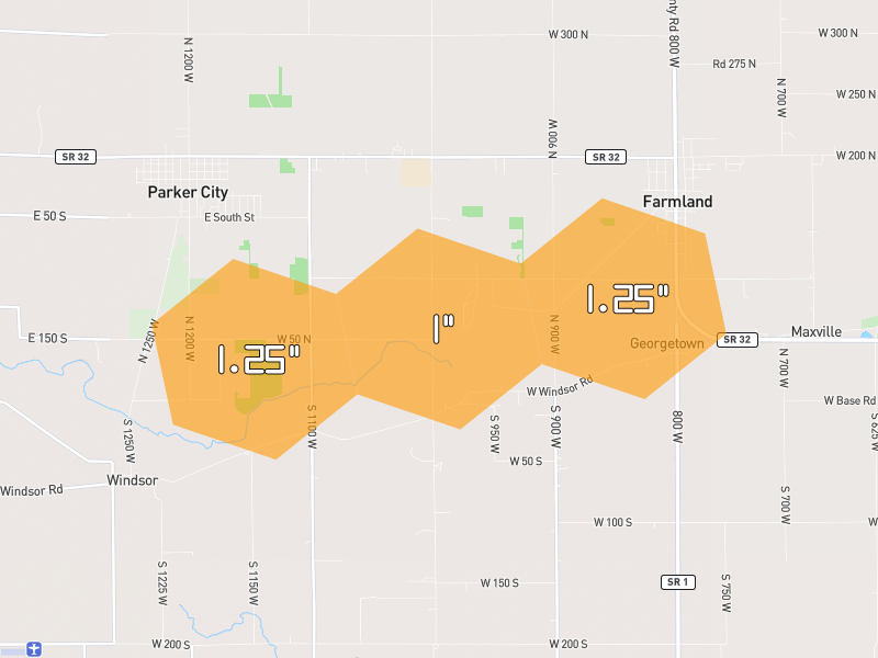 Hail map of Farmland, IN on Jul 10, 2026, hail up to 1.25"
